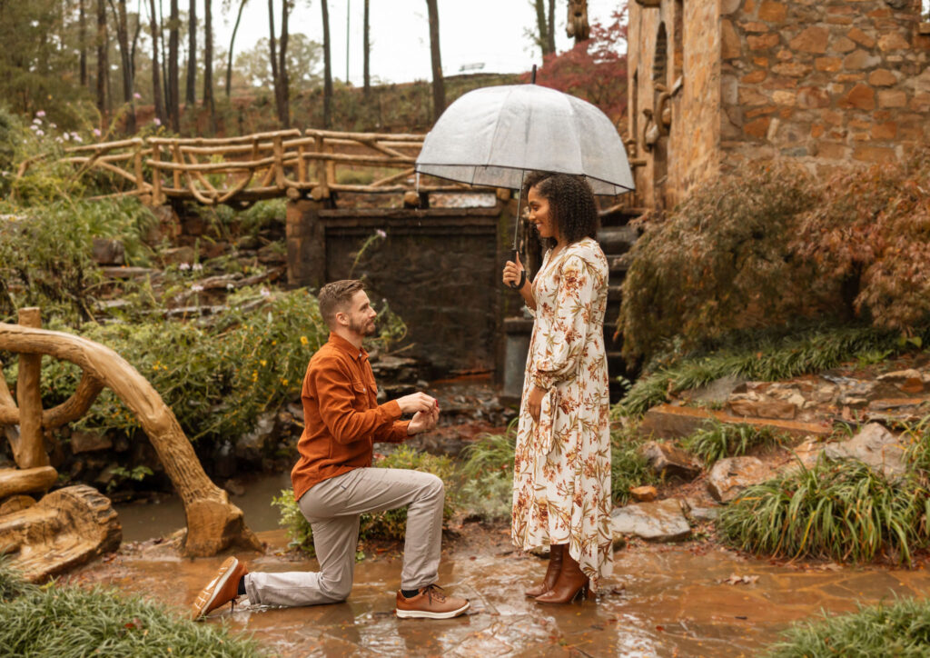 romantic surprise proposal at old mill in Arkansas