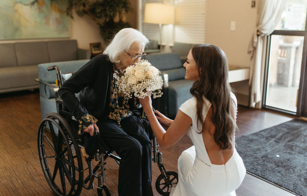 bride first look with grandma before wedding