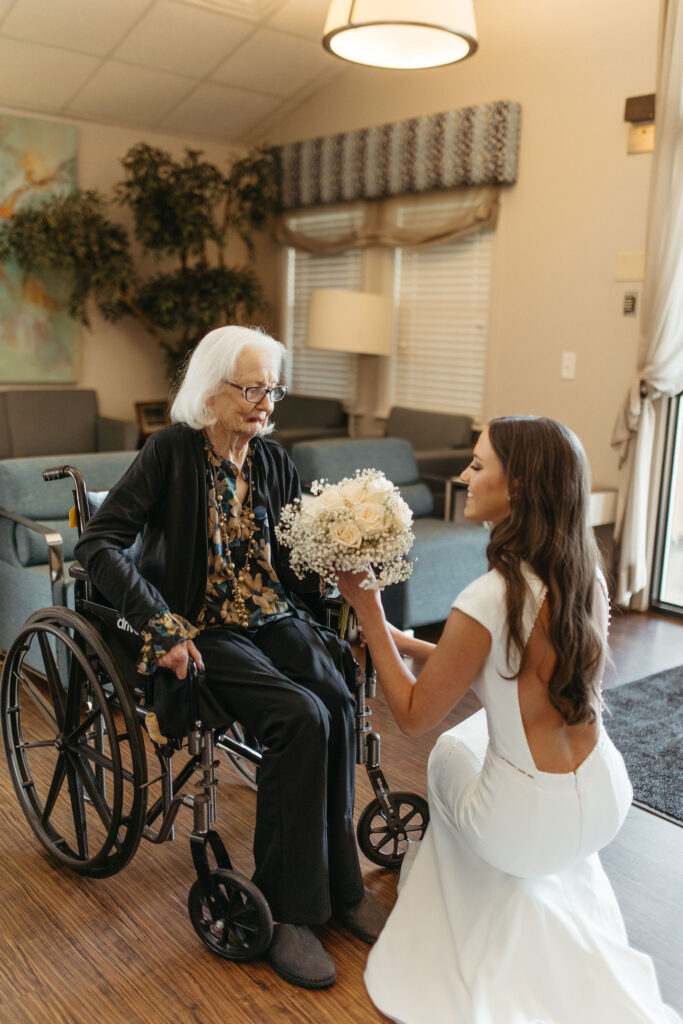 bride first look with grandma before wedding