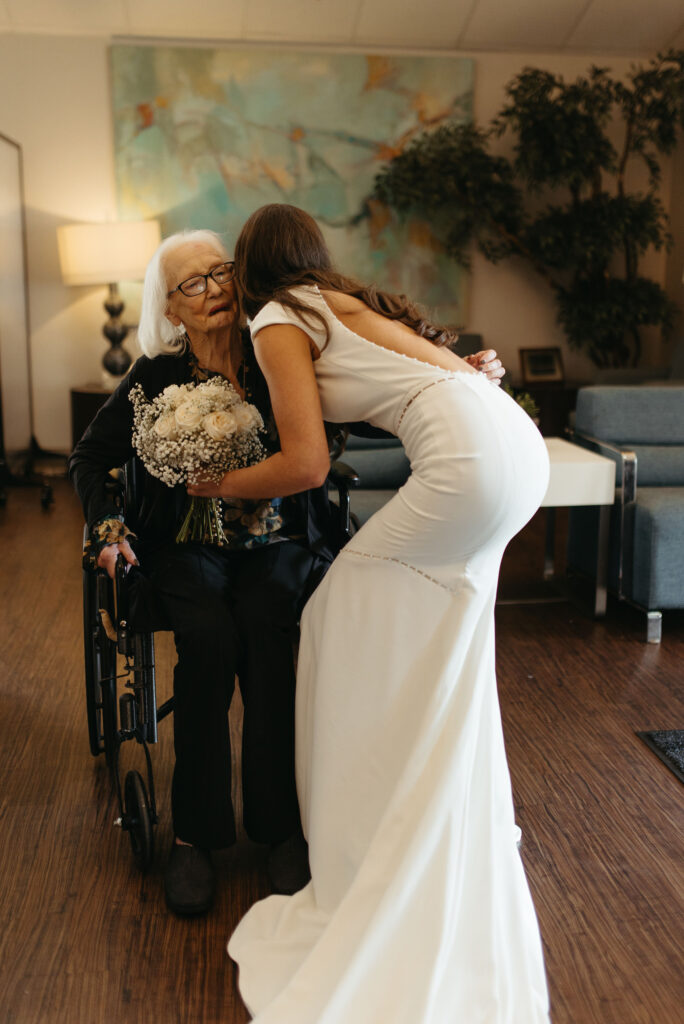 bride first look with grandma before wedding