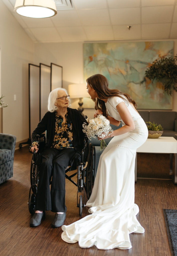 bride first look with grandma before wedding