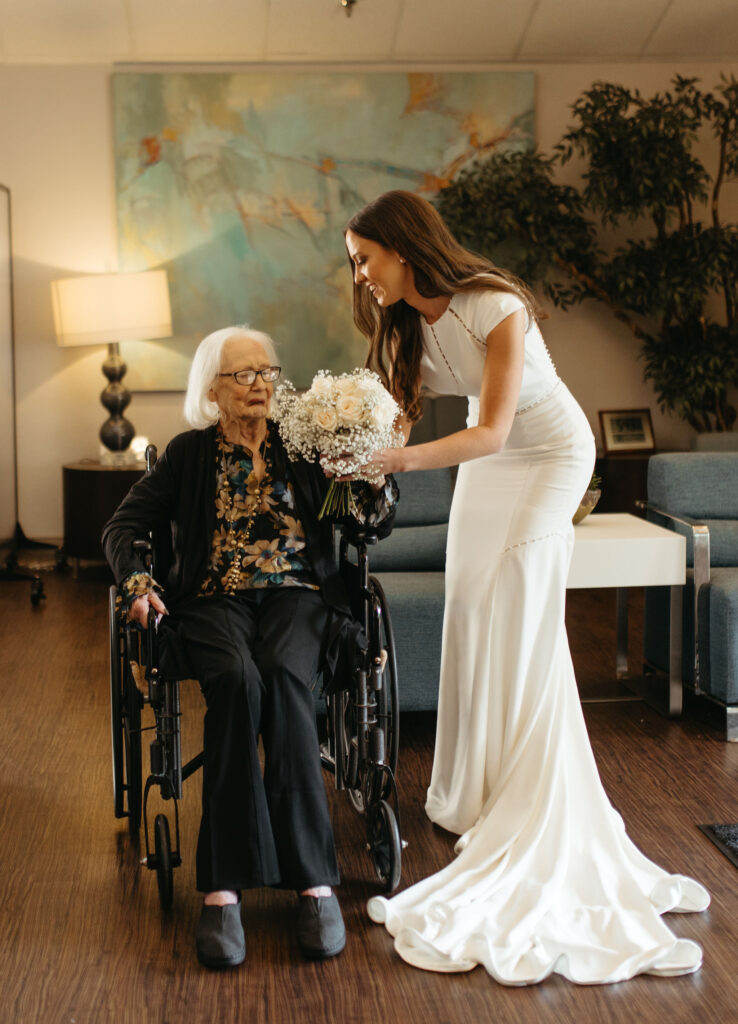 bride first look with grandma before wedding