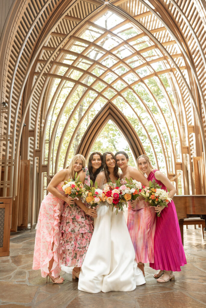 vibrant pink bridal party photos